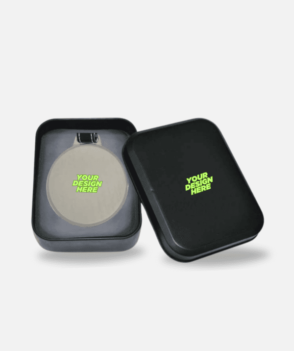 Metal Luggage Tag With Leather Strap in a Tin Box
